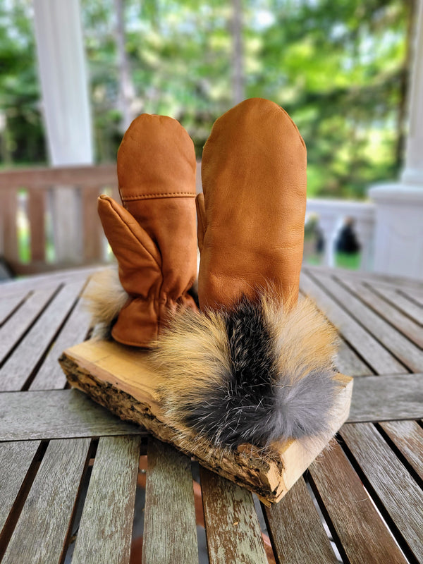 Mitaines de ville en cuir et fourrure de renard croisé