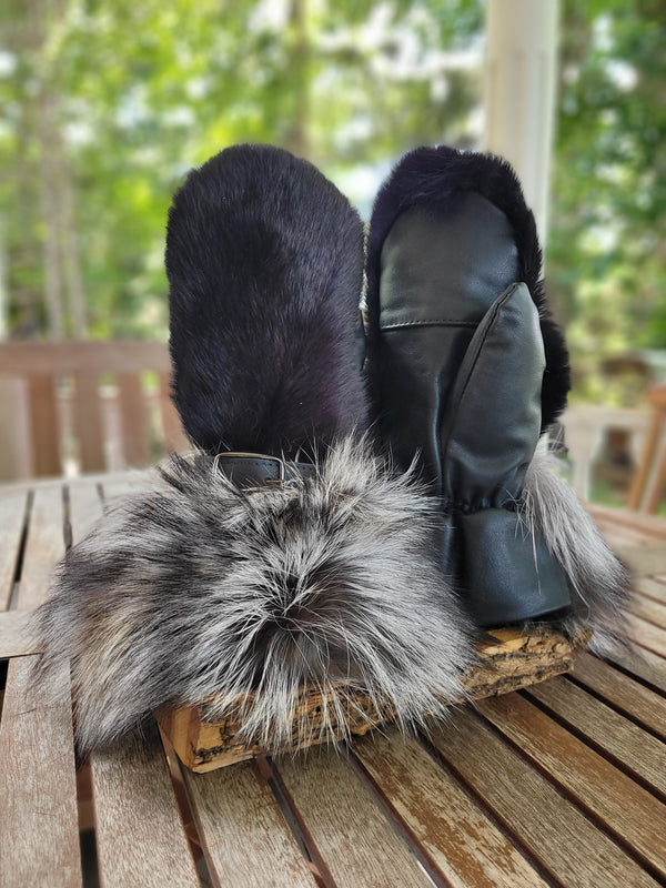 Mitaines en cuir et fourrure de lapin et renard argenté
