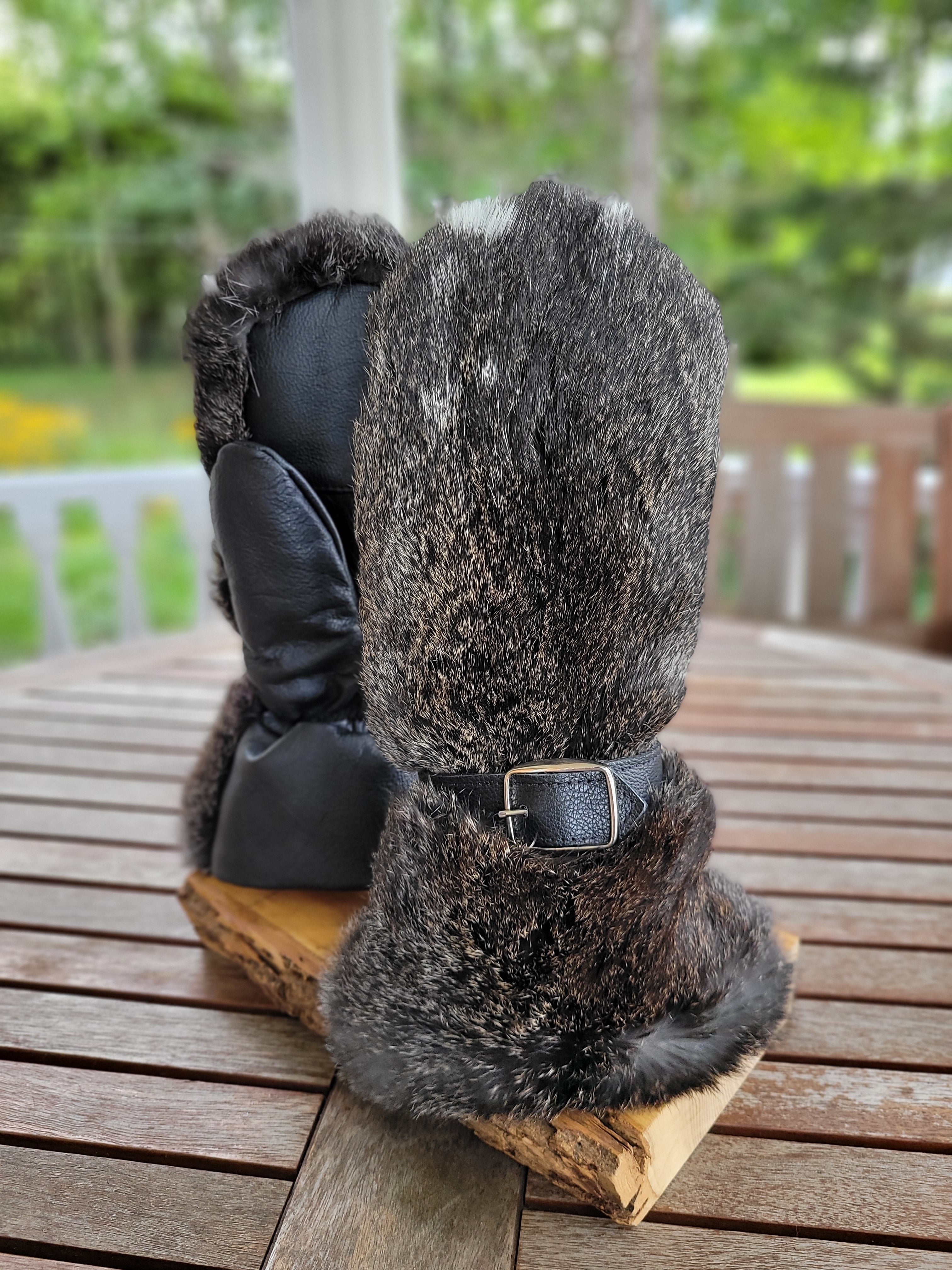 Mitaines en cuir et fourrure de lapin