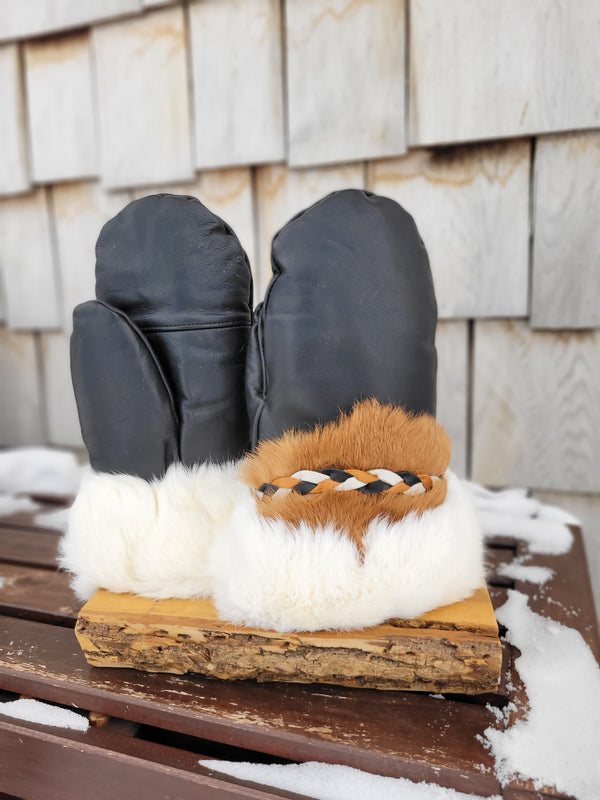 Mitaine en fourrure de lapin et tresse