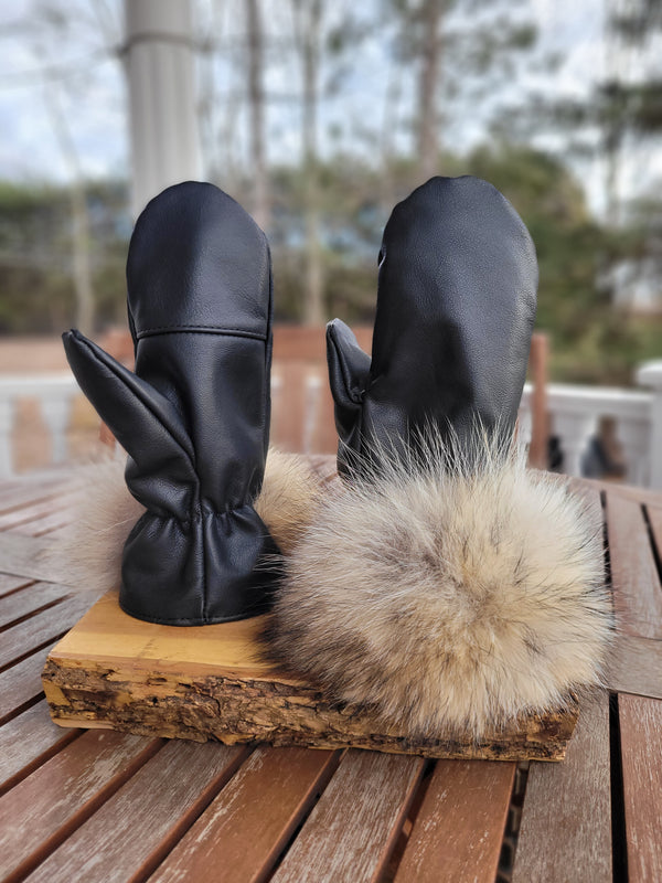 Mitaines de ville en cuir et fourrure de coyote