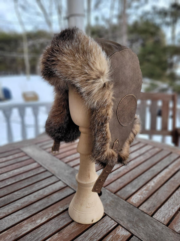 Chapeau Aviateur en cuir et fourrure de lynx