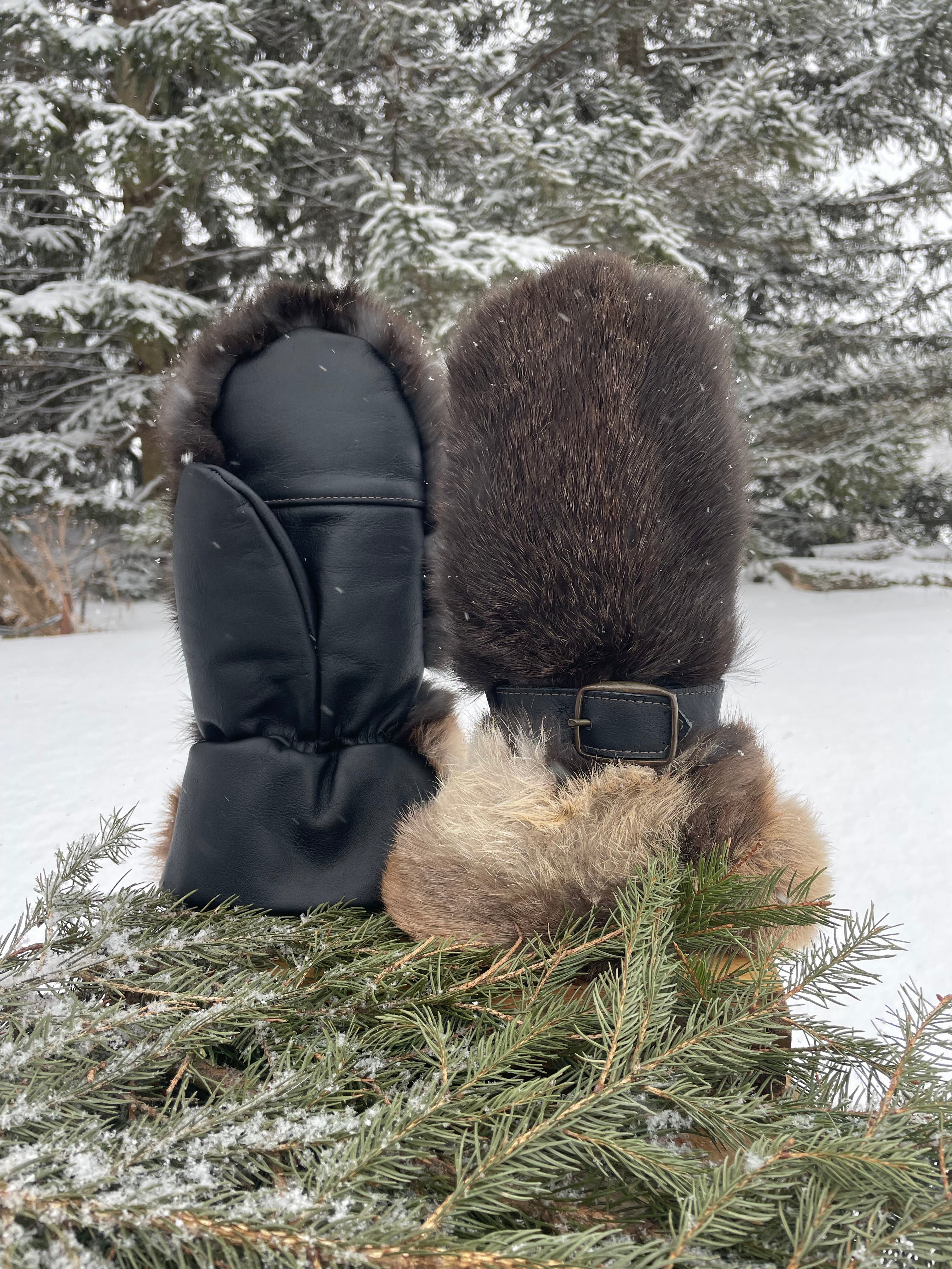 Mitaines longues cuir et lapin