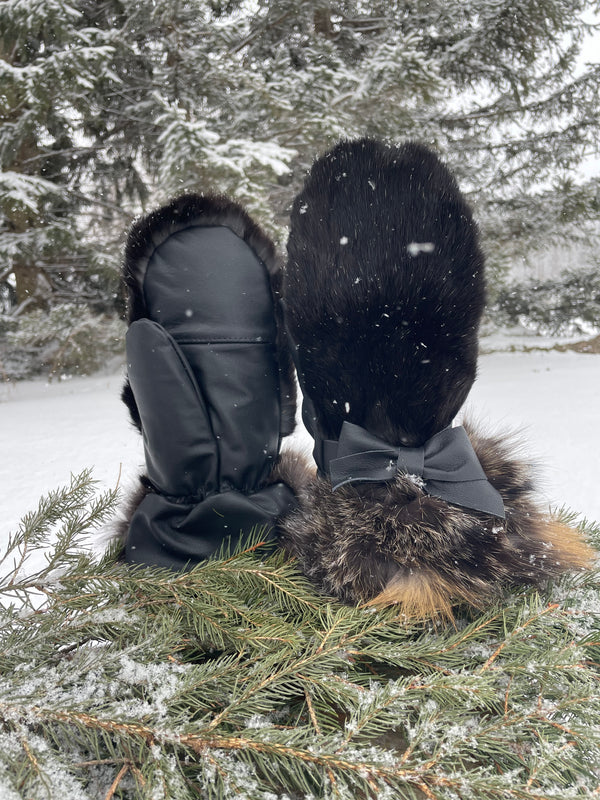 Mitaines en cuir et fourrure de lapin et renard croisé