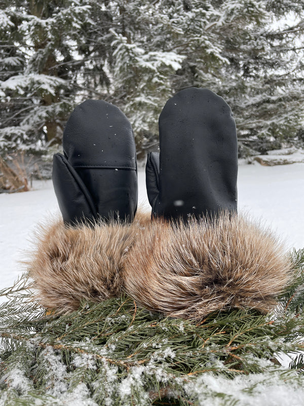 Mitaines courtes en cuir et fourrure de renard roux