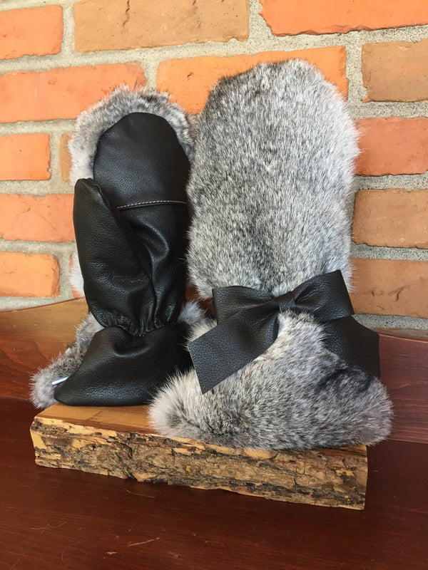 Genuine leather mittens and rabbit fur