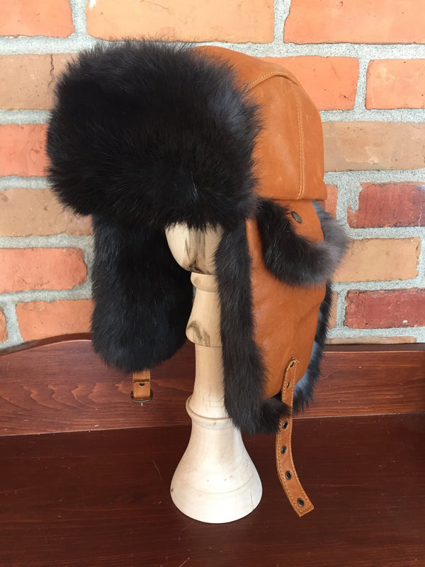 Leather hat and rabbit fur