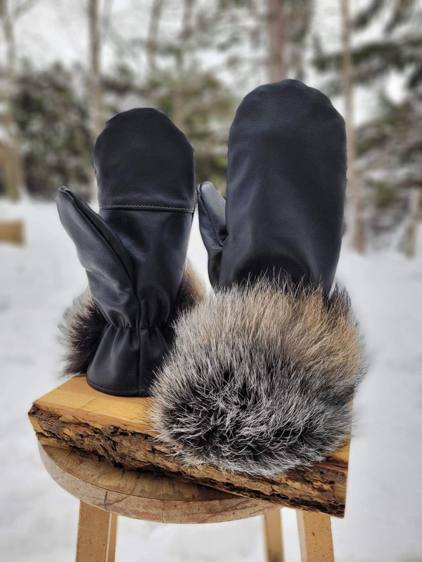 Mittens made of genuine leather and crossed fox fur.